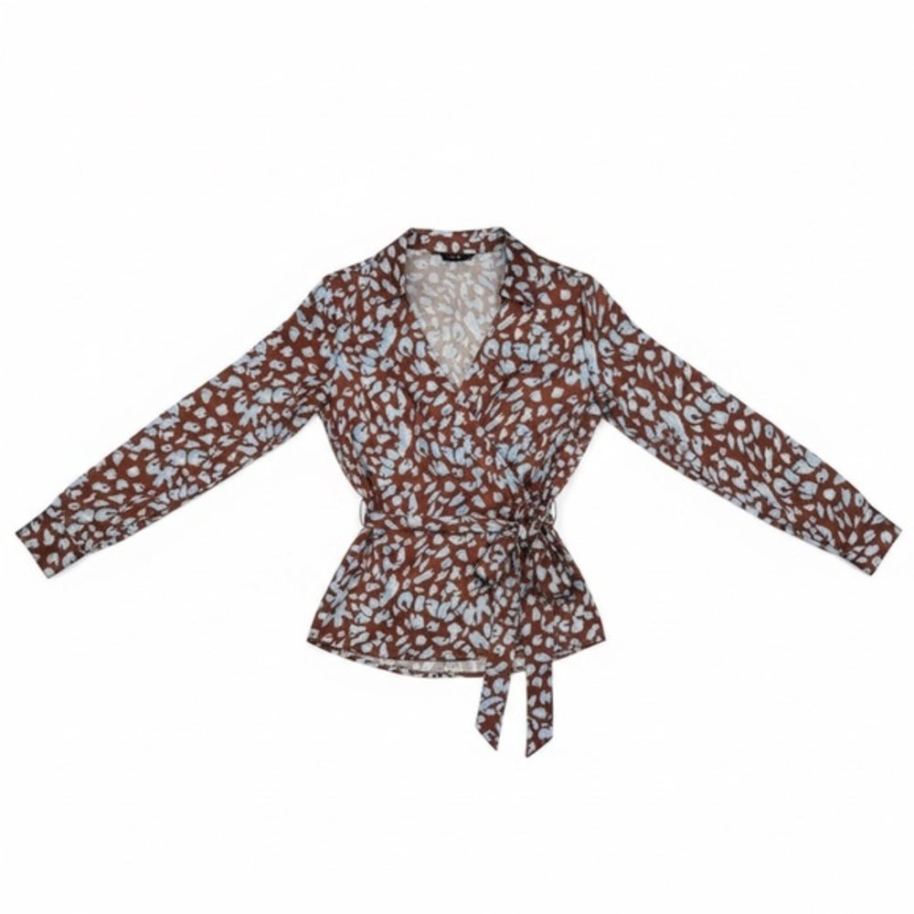 Quiz Brown & Blue Animal Print Wrap Blouse Top Long Sleeve Collared Tie Waist
